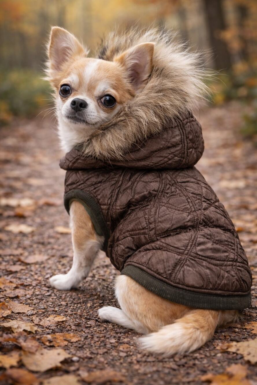 DNY Quilted Dog Coat with Fur Trim Hood Brown Textured Winter Jacket Small Breed